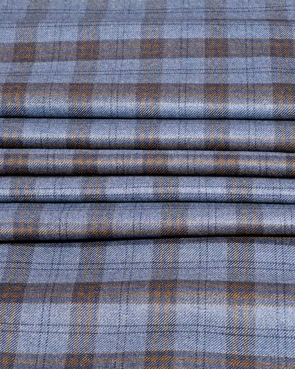 Dark Navy Blue Tweed Blazer Fabric With Brown Checks